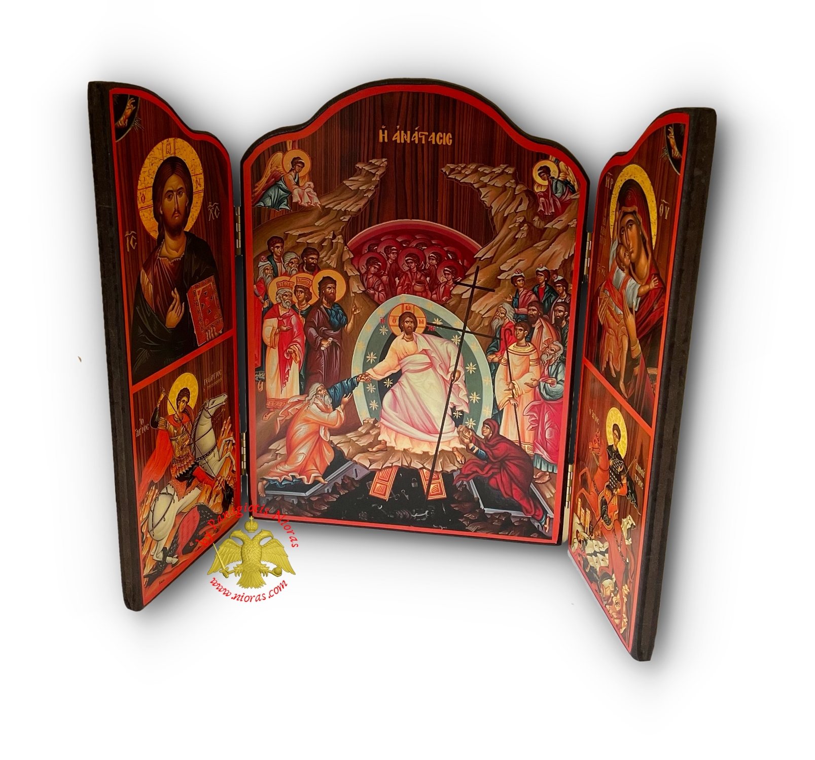 Orthodox Wooden Triptych With Holy Annunciation and Inner Resurrection of Christ Icon 20x29cm