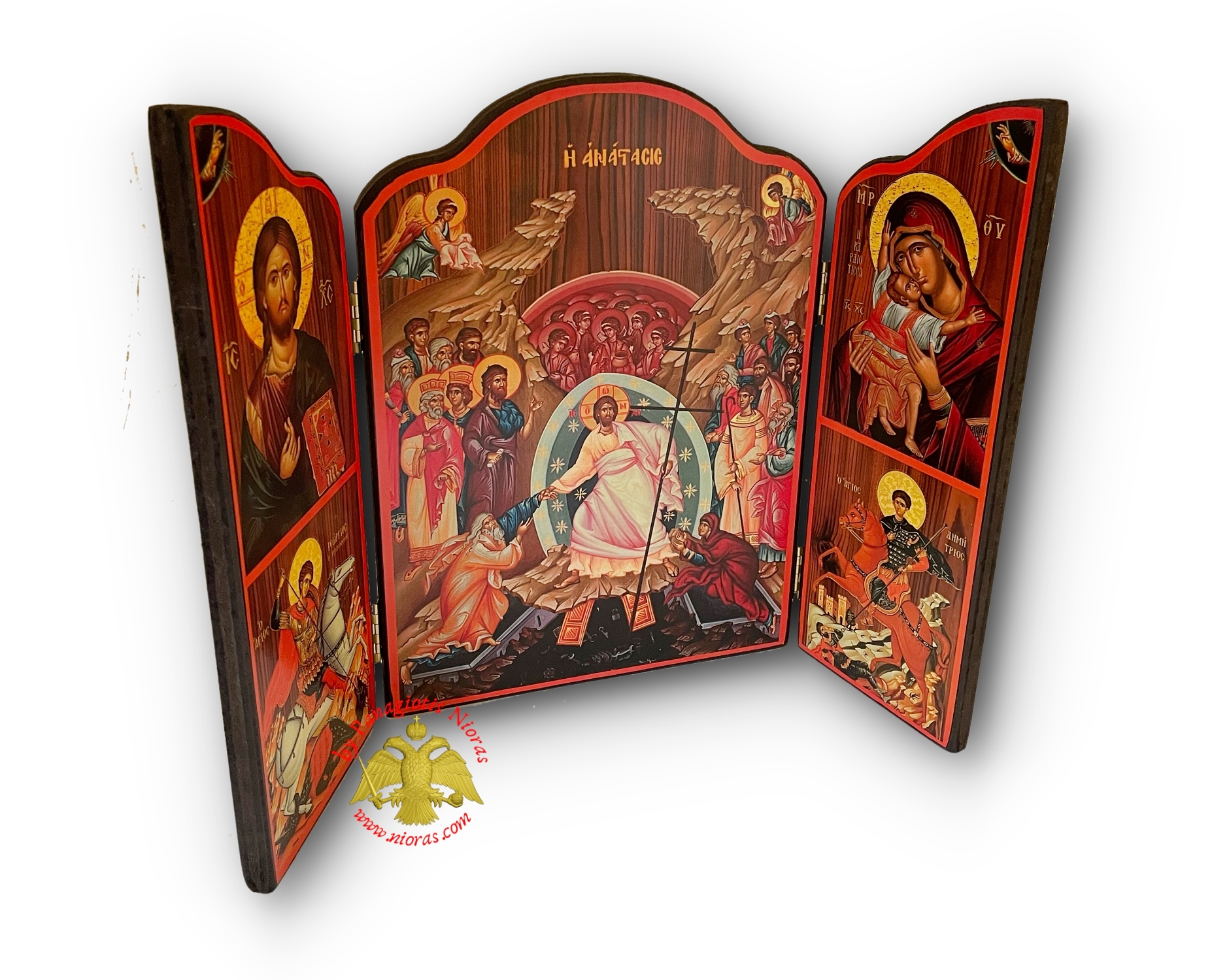Orthodox Wooden Triptych With Holy Annunciation and Inner Resurrection of Christ Icon 30x40cm
