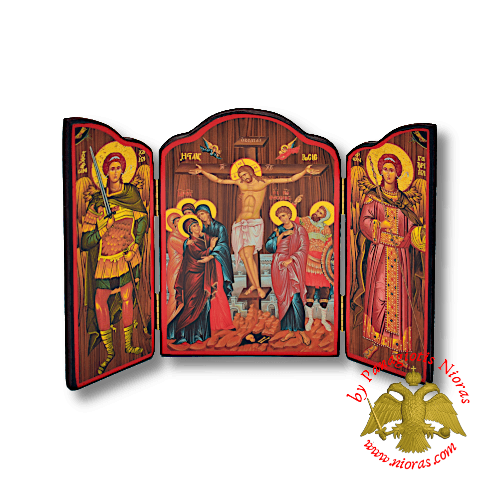 Orthodox Wooden Triptych With Holy Crusifixion Icon 14x20cm
