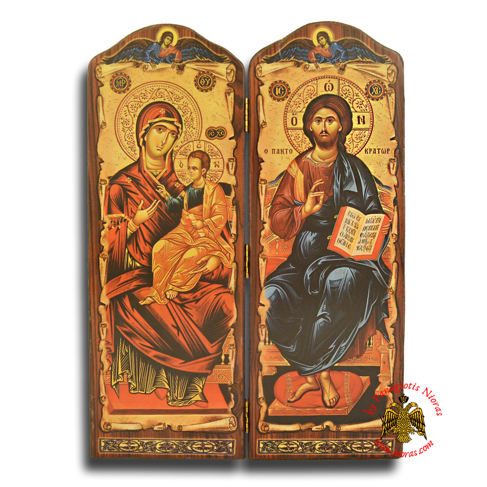 Orthodox Wooden Diptych with Holy Icons of Christ and Panagia Long 40x28cm