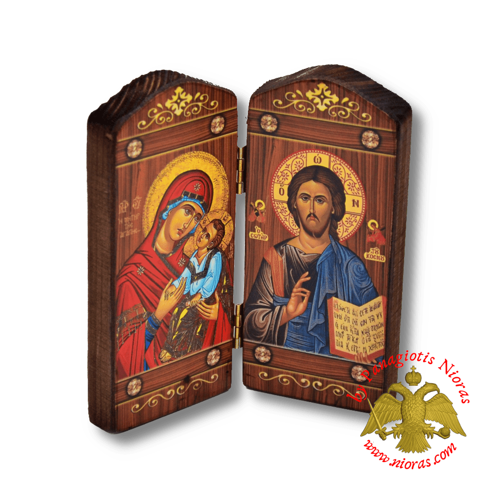 Orthodox Wooden Diptych with Holy Icons of Christ and Panagia Long 13x14cm