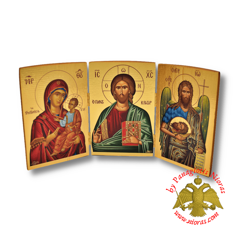 Orthodox Wooden Triptych Deisis Theotokos Grigorousa 14x29cm Gold Paper