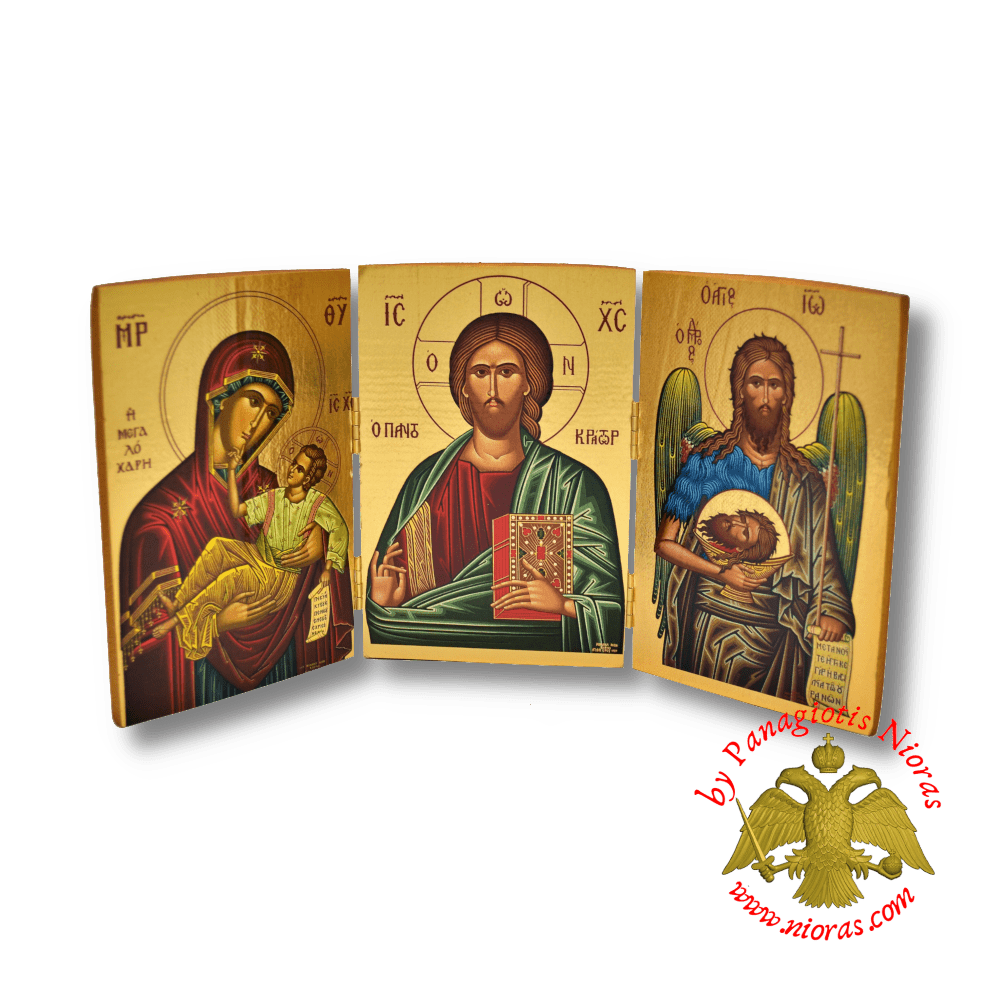 Orthodox Wooden Triptych Deisis Theotokos Megalochari14x29cm Gold Paper