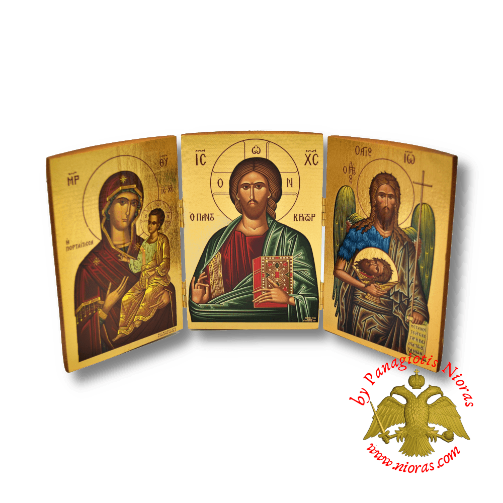 Orthodox Wooden Triptych Deisis Theotokos Portaitissa 14x29cm Gold Paper