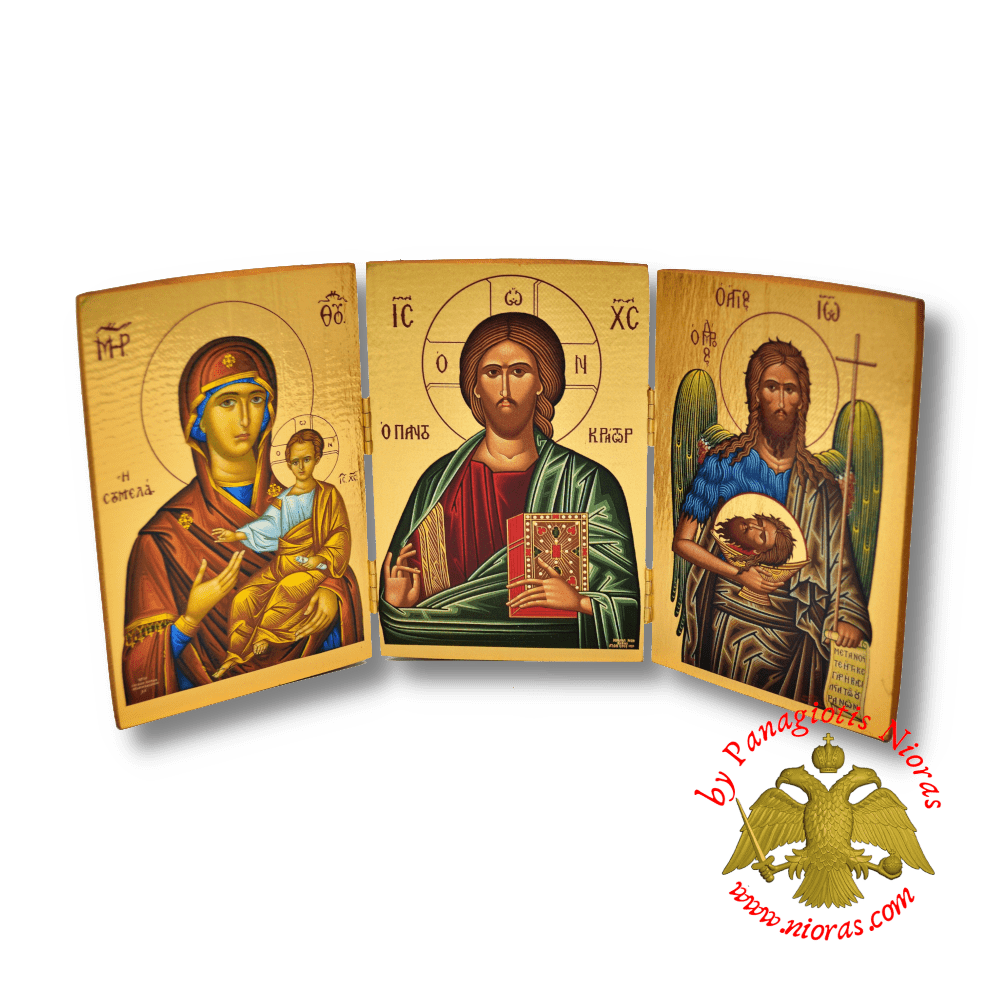 Orthodox Wooden Triptych Deisis Theotokos Soumela 14x29cm Gold Paper