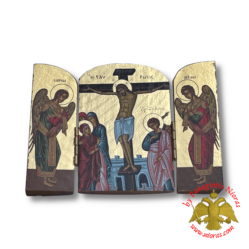 Orthodox Wooden Triptych Crussifixion Icon 10cm x 7cm Gold Leaf Paper