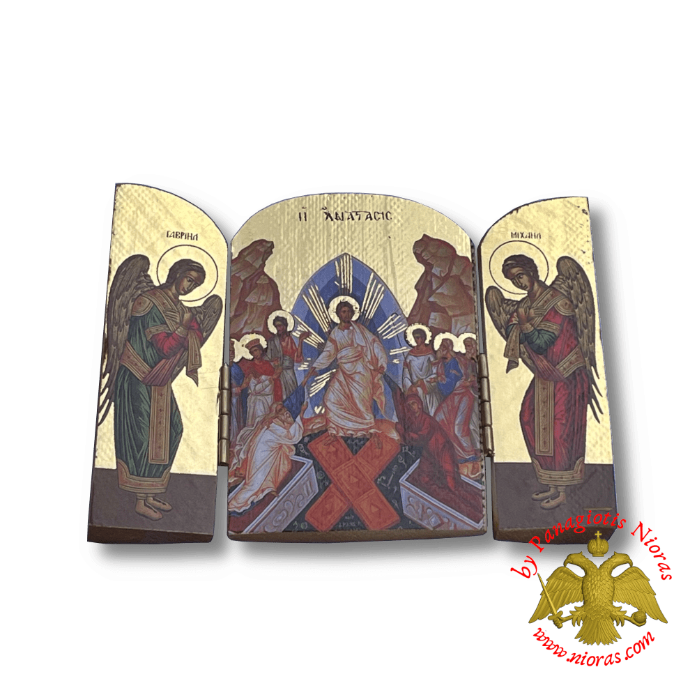 Orthodox Wooden Triptych Resurection Icon 10cm x 7cm Gold Leaf Paper