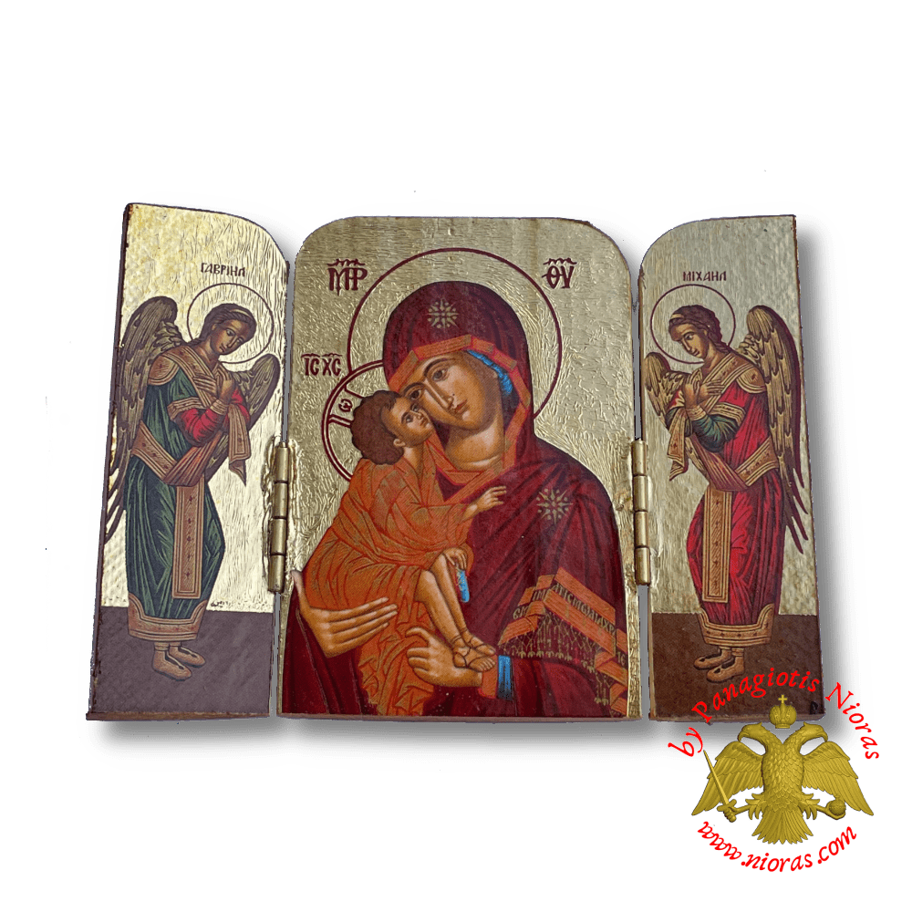 Orthodox Wooden Triptych Theotokos Icon 10cm x 7cm Gold Leaf Paper