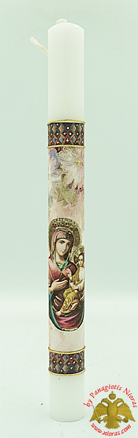 Easter Pascha Candle Lampada With Theotokos Holy Icon with Flowers 35cm