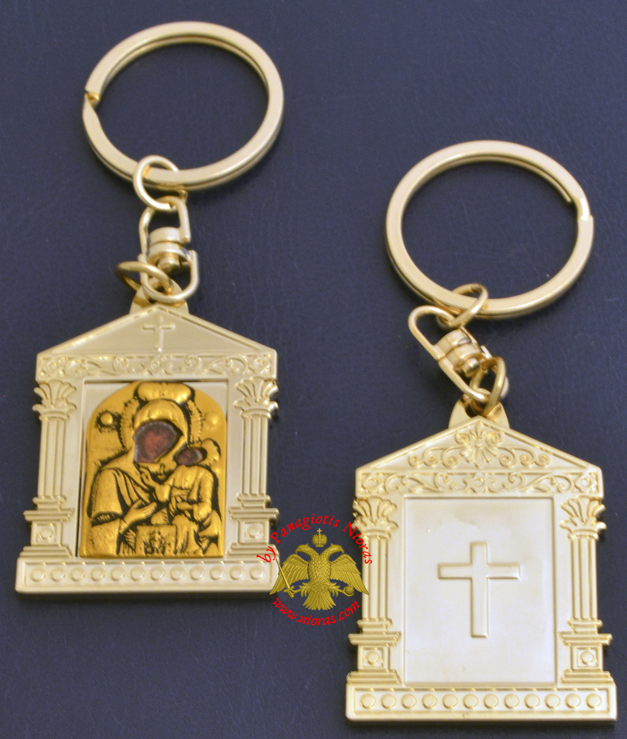 Orthodox Metal Keyring Church Design Gold Plated Panagia of Paros Holy Icon