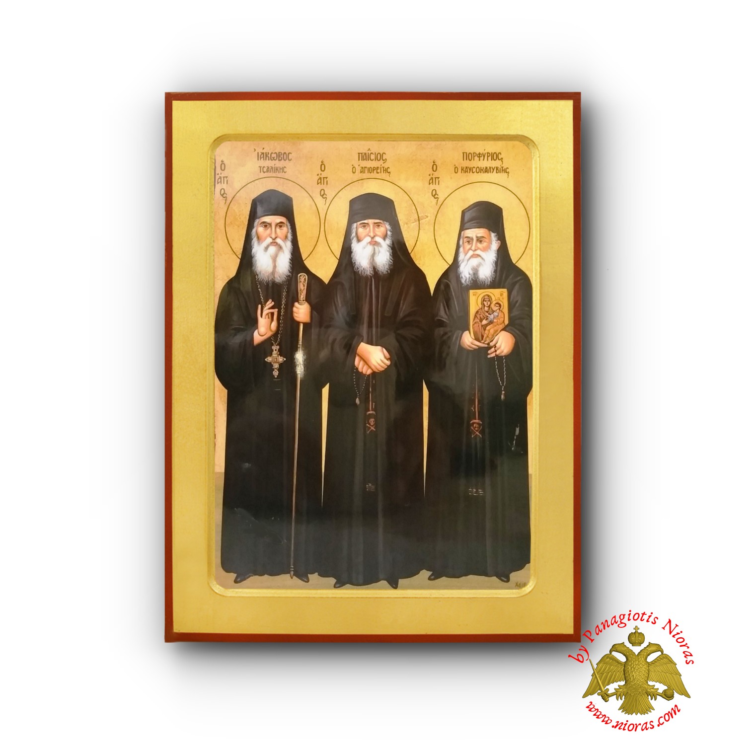 Saints Porfyrios Kafsokalivites, Paisios of Mount Athos, James Tsalikes Byzantine Wooden Icon Full Figure