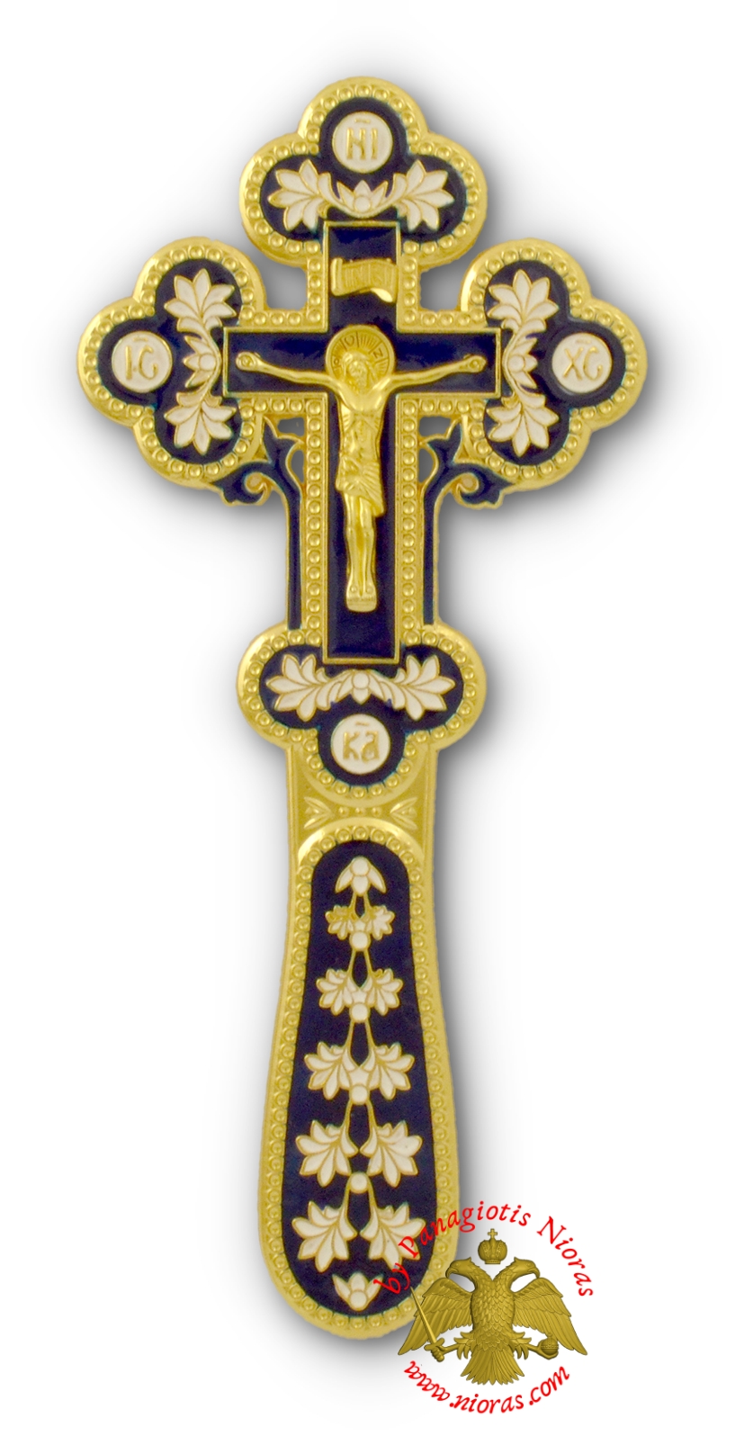Orthodox Blessing Cross Enamel Blue Coloring Gold Plated 7x17cm