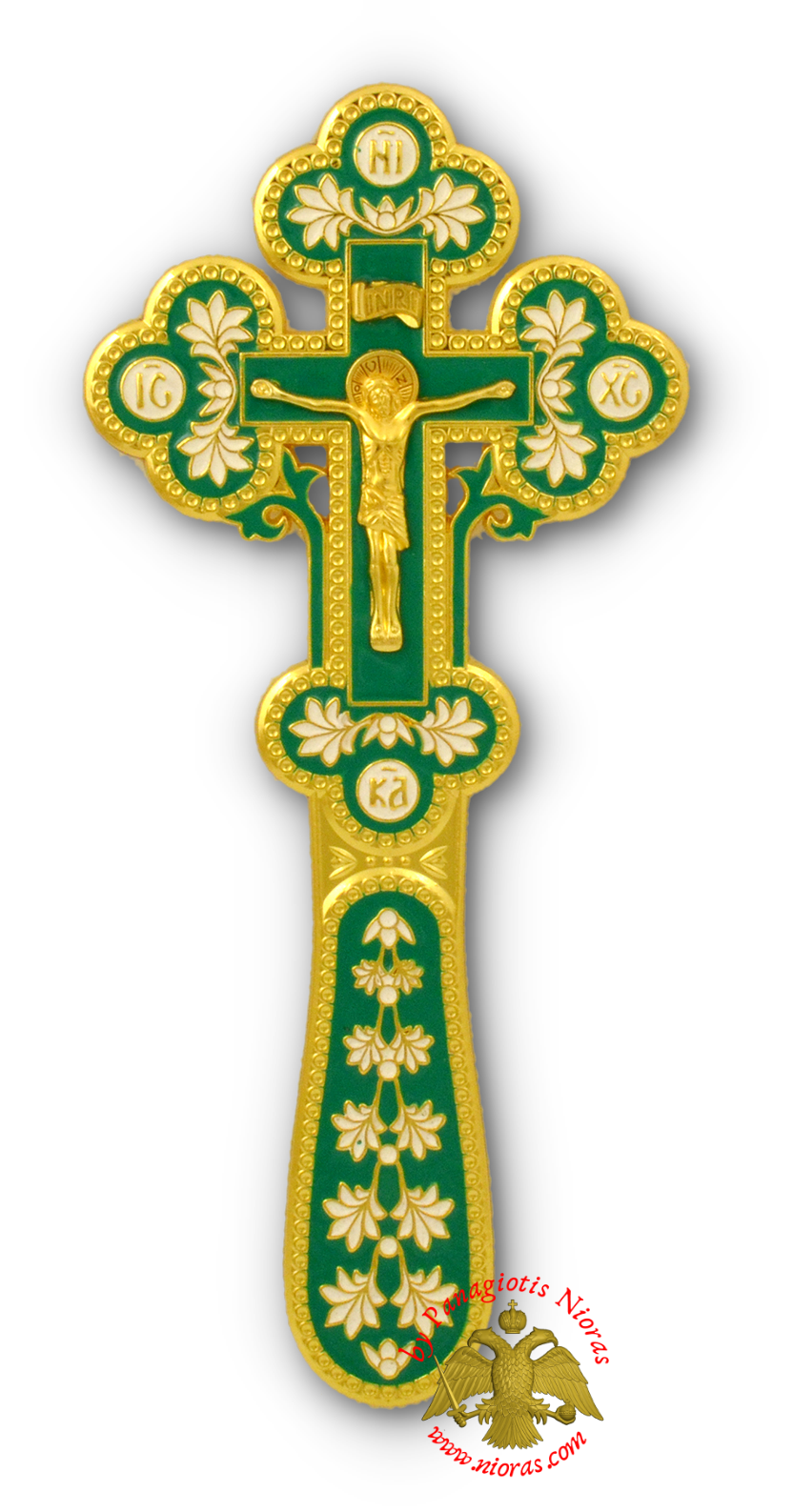 Orthodox Blessing Cross Enamel Green Coloring Gold Plated 10x22cm