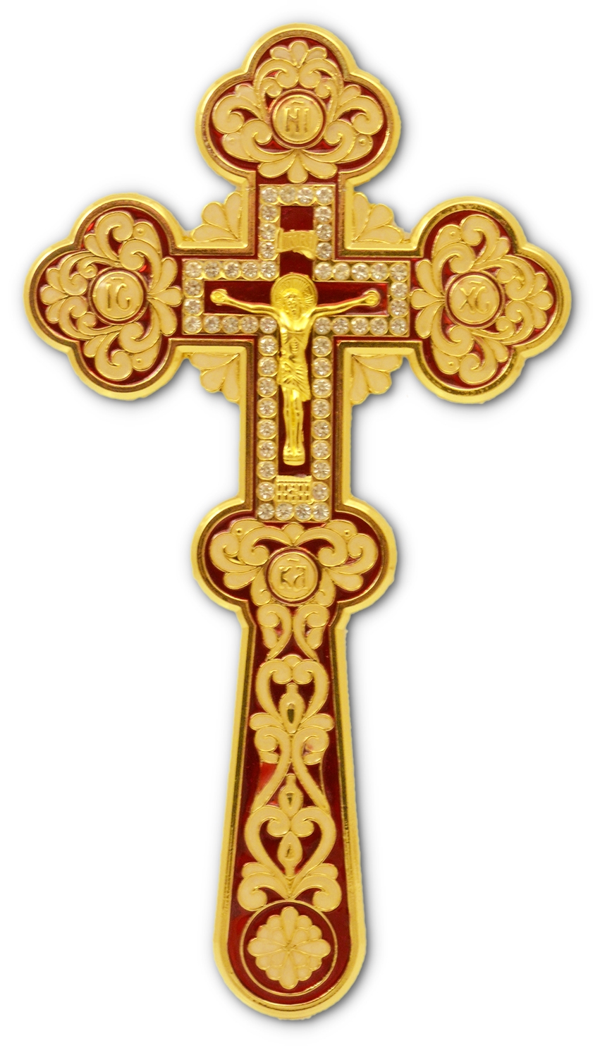 Orthodox Blessing Cross Enamel Red Coloring With Stones Gold Plated 10x22cm