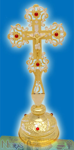 Orthodox Blessing Cross with Stone and Standing Base Gold Plated