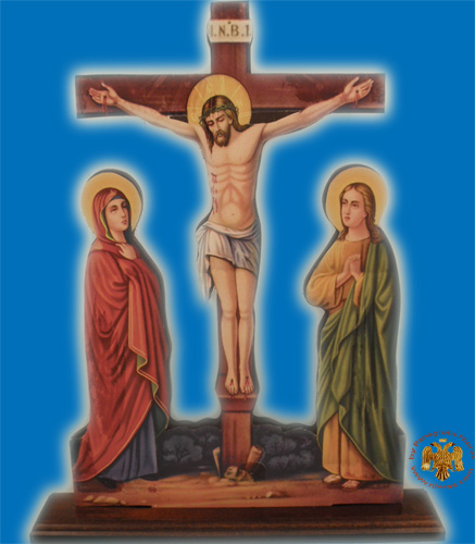 Cross Wooden Crucifixion Golgotha with Theotokos and Saint John the Evangelist Lipiteron 75x85cm