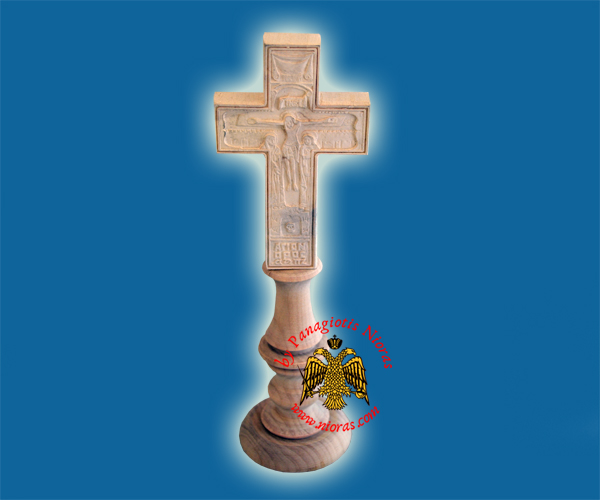 Wooden Orthodox Cross Double Sided With Base Baptism and Crucifixion 7x21cm