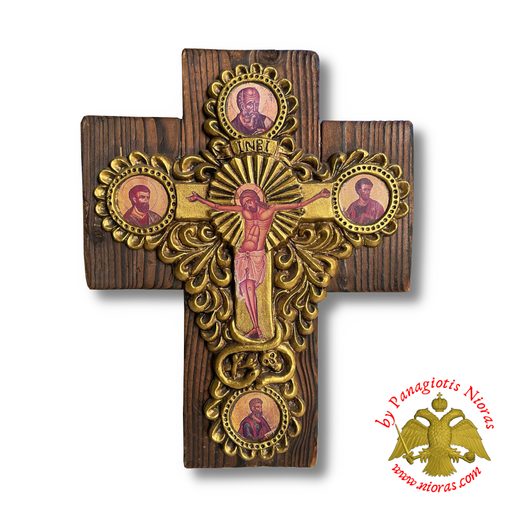 Cross Byzantine Paper On Wood Evangelists Representations 24x30cm