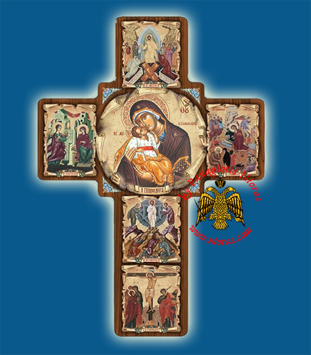 Cross Byzantine Paper On Wood with Center Icon of Holy Virgin Mary 30x40cm
