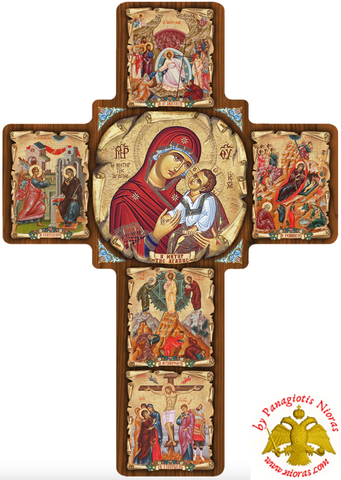 Cross Byzantine Paper On Wood with Center Icon of Holy Virgin Mary 19x27cm