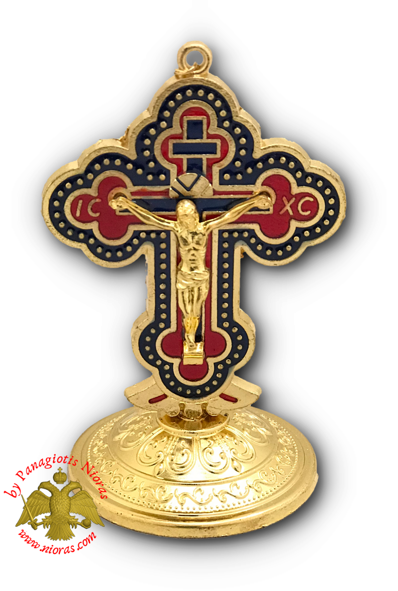 Metal Orthodox Standing Cross Blue Red 5x8.5cm