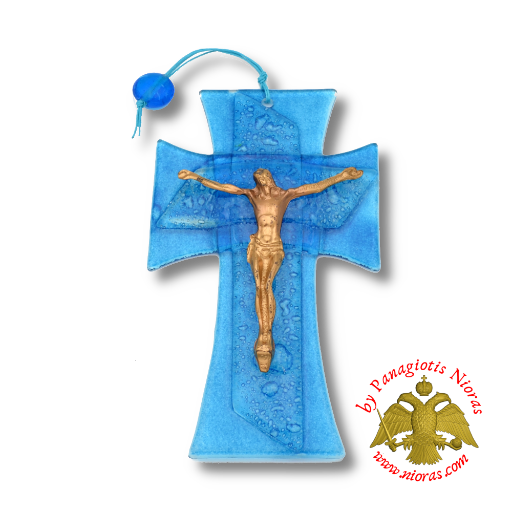 Orthodox Blown Glass Turquaz Cross With Metal Brass Christ figure
