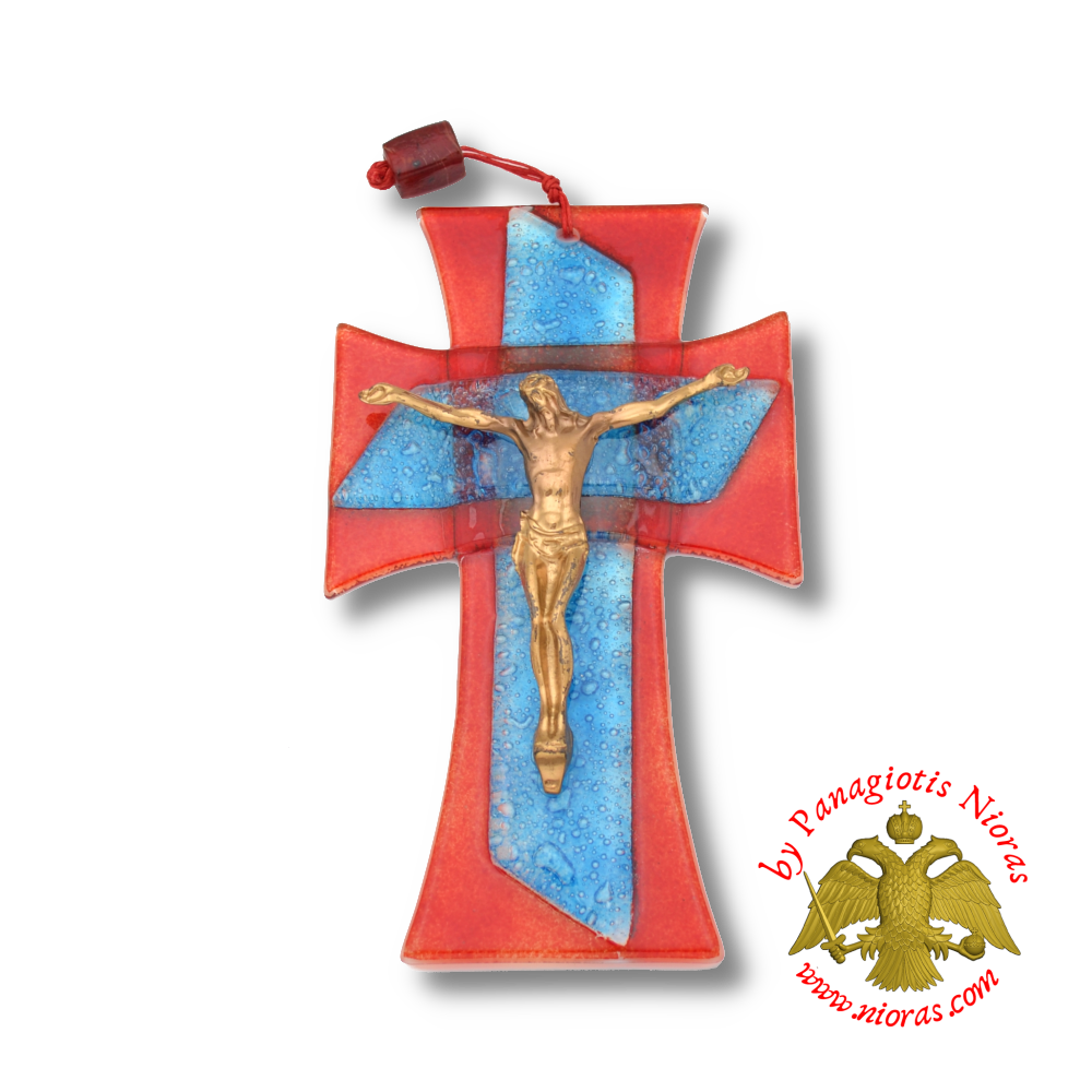 Orthodox Blown Glass Red-Blue Cross With Metal Brass Christ figure