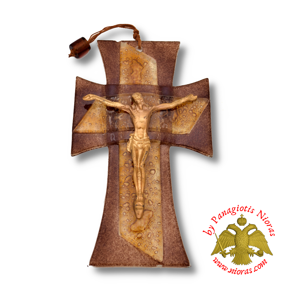 Orthodox Blown Glass Brown Cross With Metal Brass Christ figure