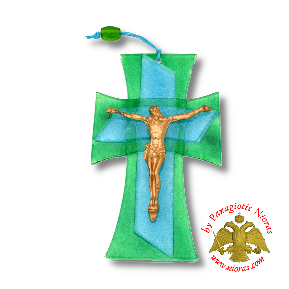 Orthodox Blown Glass Green Cross With Metal Brass Christ figure