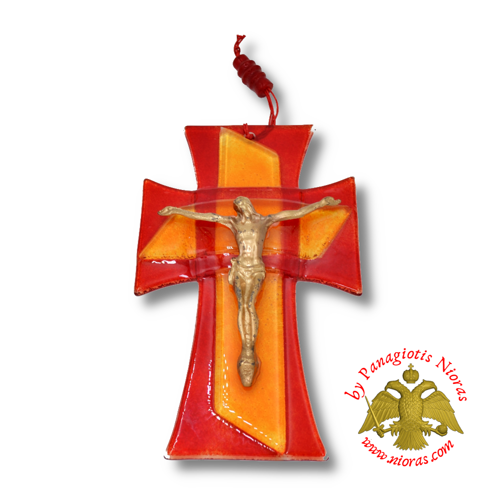 Orthodox Blown Glass Red Amber Cross With Metal Brass Christ figure