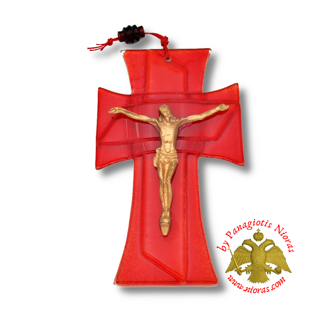 Orthodox Blown Glass Red Cross With Metal Brass Christ figure