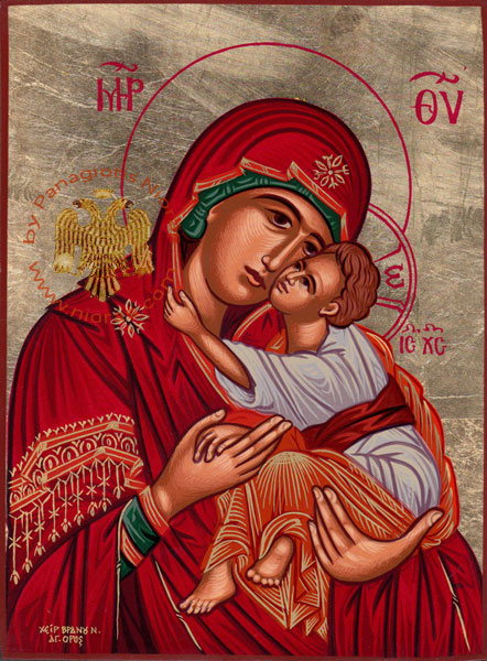 Holy Virgin Mary Panagia Glikofilousa Byzantine Wooden Icon on Canvas