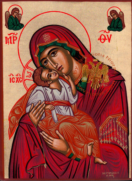 Holy Virgin Mary Glikofilousa Red Dress with Angels Byzantine Wooden Icon on Canvas