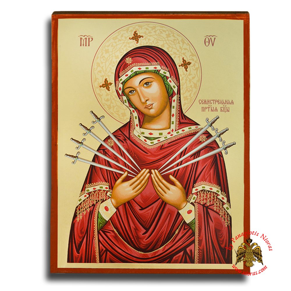 Holy Virgin Mary Panagia Seven Swords Byzantine Wooden Icon on Canvas