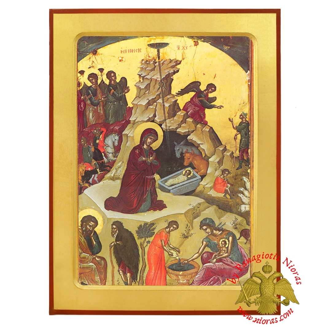 The Nativity of Christ Byzantine Wooden Icon Copy from Vranos Nickolaos