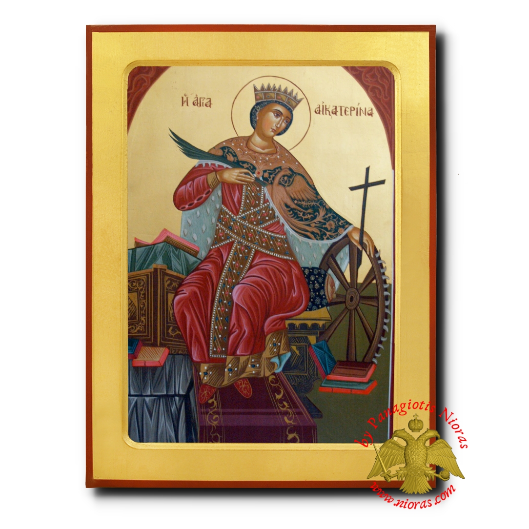 Saint Catherine the Great Martyr Enthroned Byzantine Wooden Icon