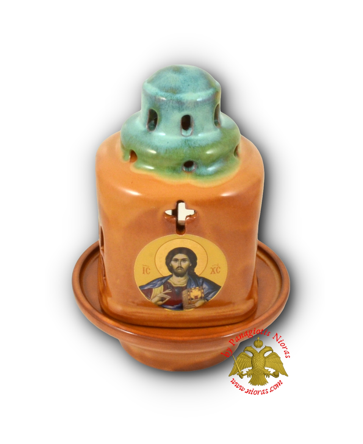 Ceramic Oil Candle Orthodox Church Byzantine Green 12x18cm