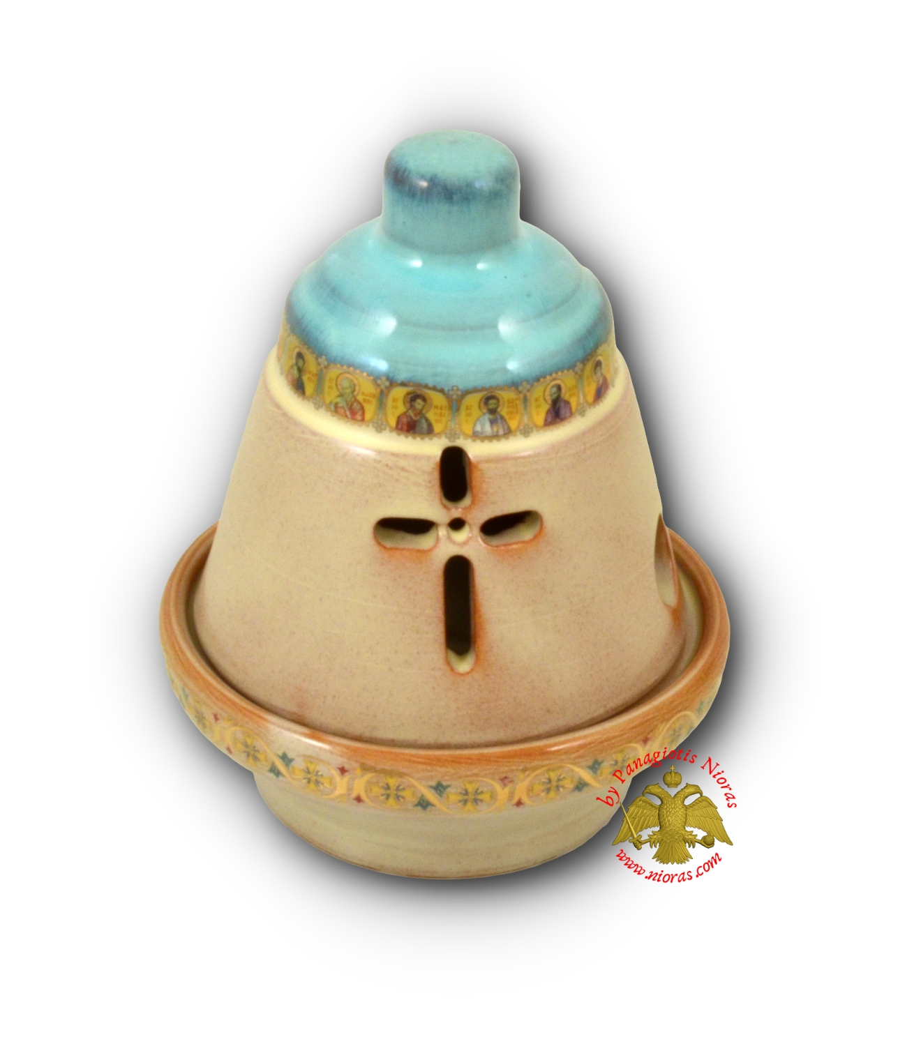Porcelain Vigil Oil Candle Bell Style with Holy Icons Turquoise 10x12cm
