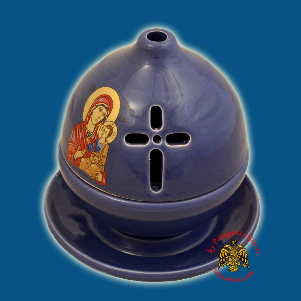 Ceramic Orthodox Theomitor with Plate Oil Candle Blue