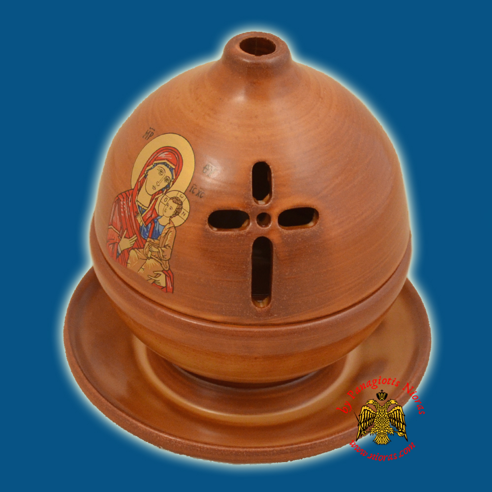 Ceramic Orthodox Theomitor with Plate Oil Candle Brown