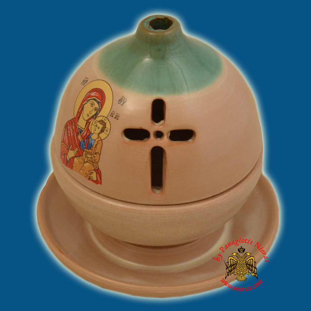 Ceramic Orthodox Theomitor with Plate Oil Candle Turquoise