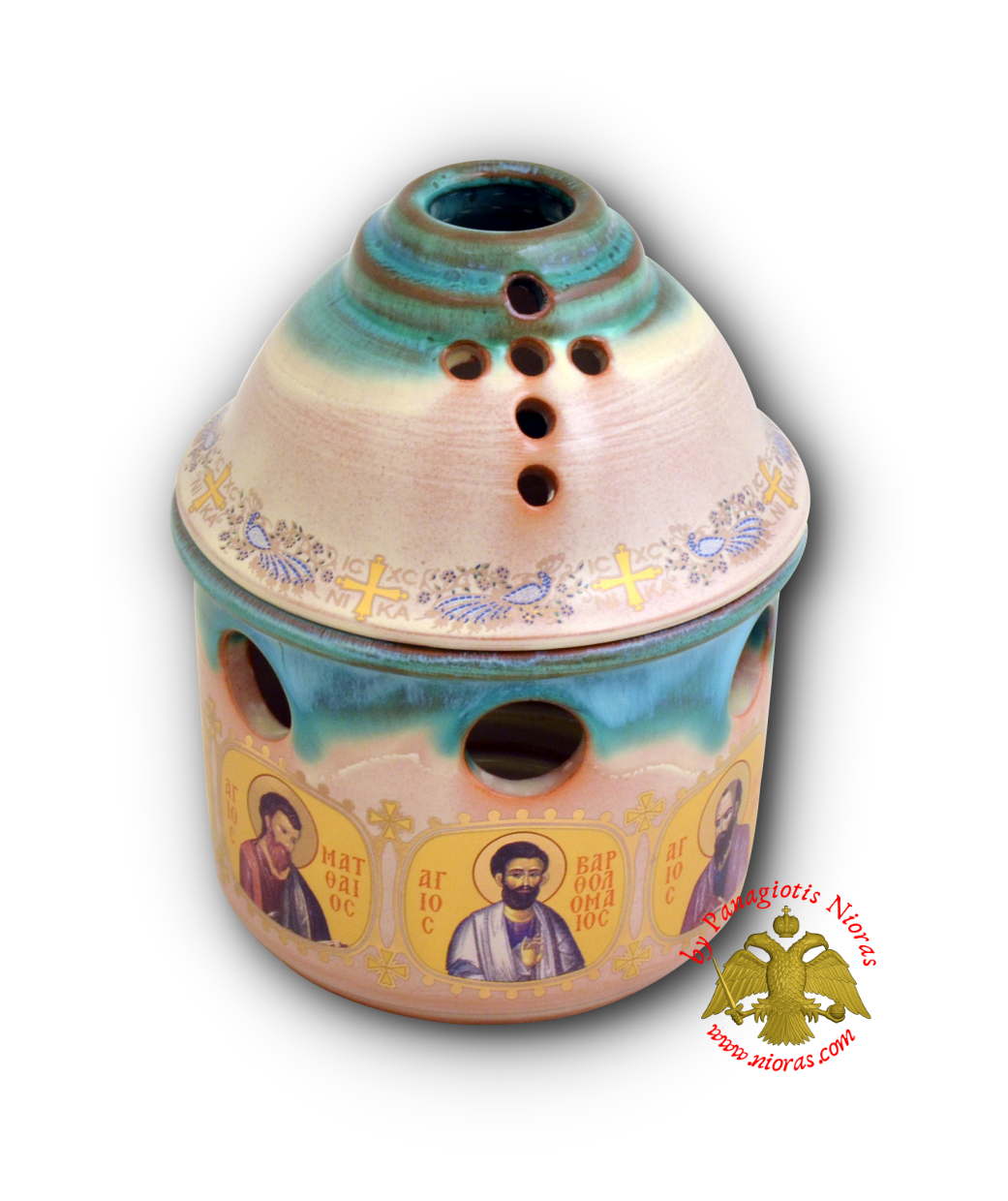 Porcelain Vigil Oil Candle Angel Style with Holy Icons Turquoise