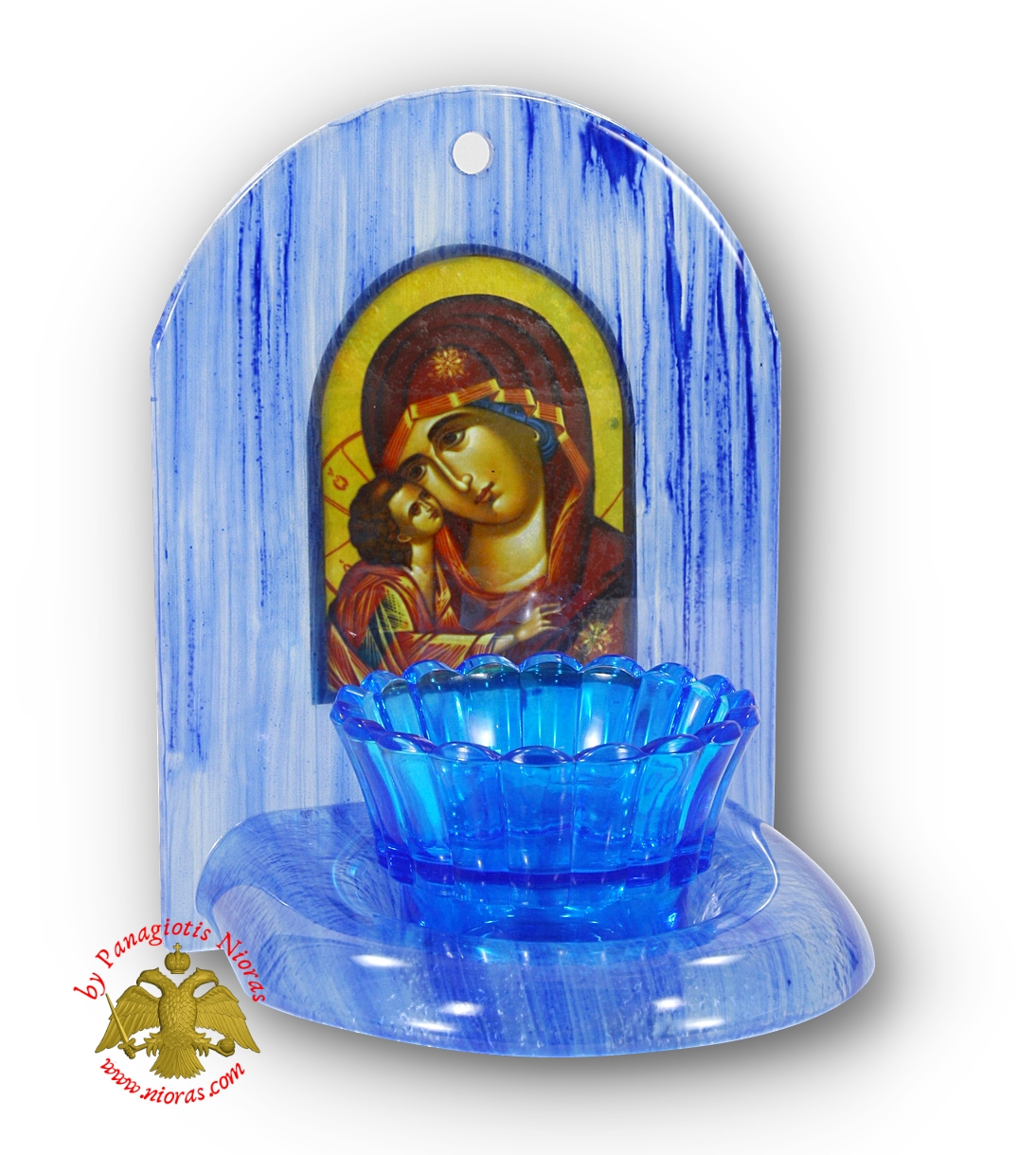 Blown Glass Oil Candle Iconostasis Theotokos Blue h:20x14x13cm
