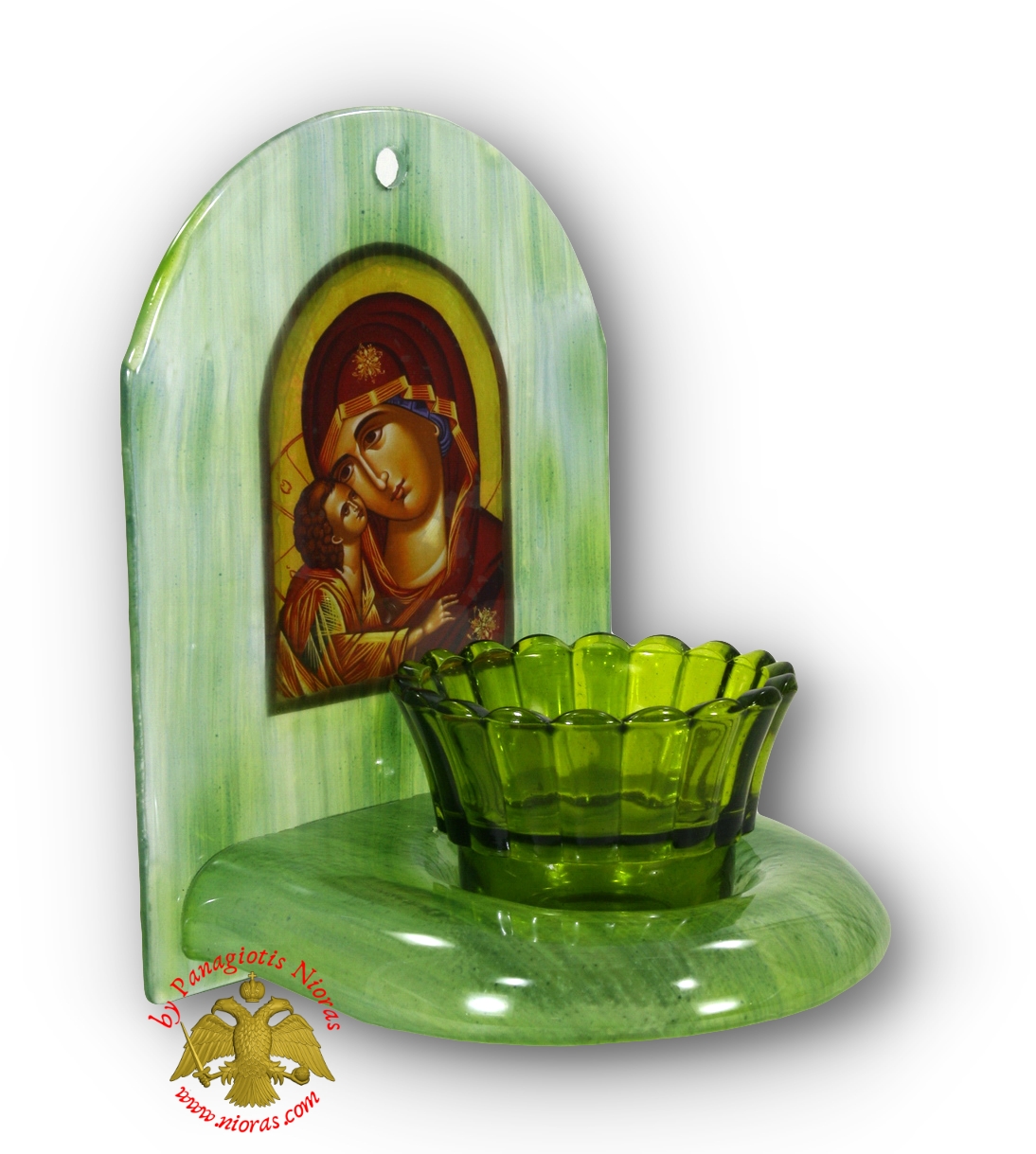 Blown Glass Oil Candle Iconostasis Theotokos Green h:20x14x13cm