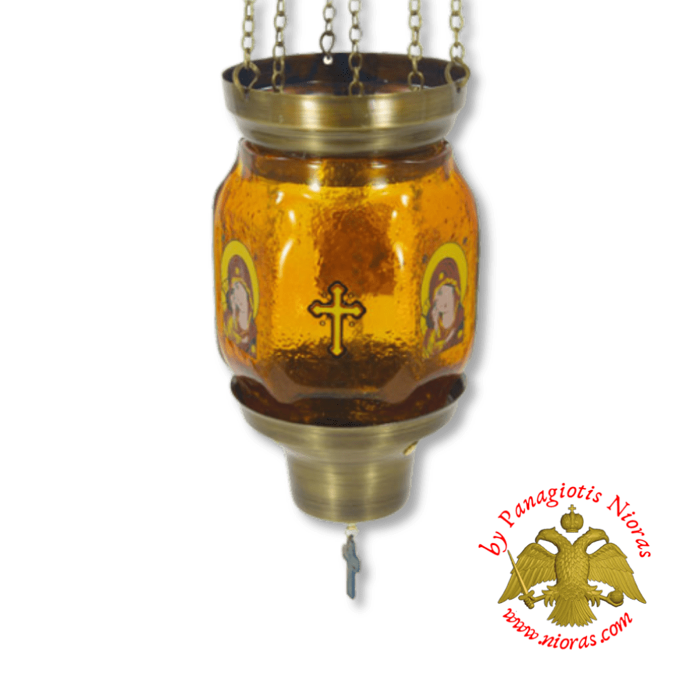 Vigil Oil Candle Hexagon Glass Fussing Amber with Sliding Down Metal Brass Mechanism for the Glass Cup