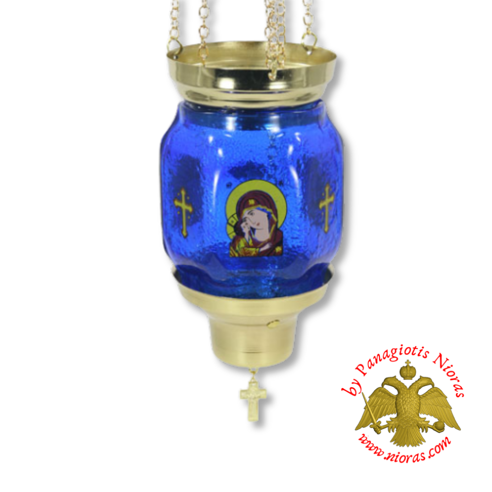 Vigil Oil Candle Hexagon Glass Fussing Blue with Sliding Down Metal Brass Mechanism for the Glass Cup