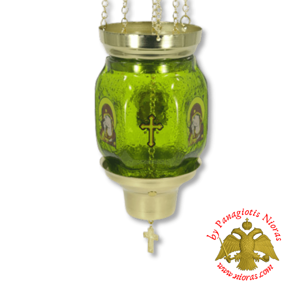Vigil Oil Candle Hexagon Glass Fussing Green with Sliding Down Metal Brass Mechanism for the Glass Cup