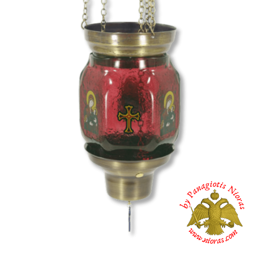 Vigil Oil Candle Hexagon Glass Fussing Ruby Red with Sliding Down Metal Brass Mechanism for the Glass Cup