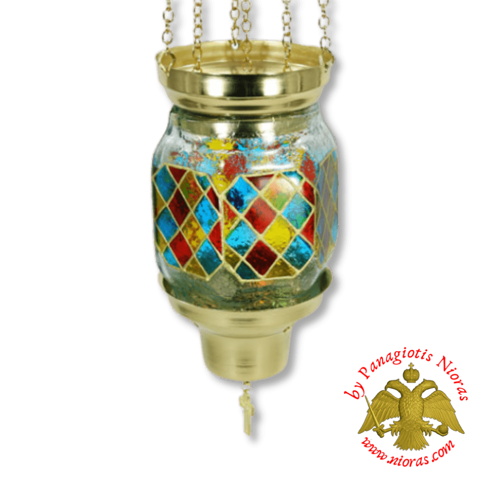 Vigil Oil Candle Hexagon Glass Fussing Stained Glass Gold with Sliding Down Metal Brass Mechanism for the Glass Cup