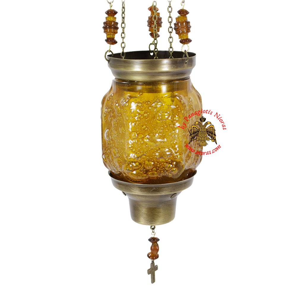 Vigil Oil Candle Hexagon Glass Fussing Amber with Sliding Down Metal Brass Mechanism for the Glass Cup